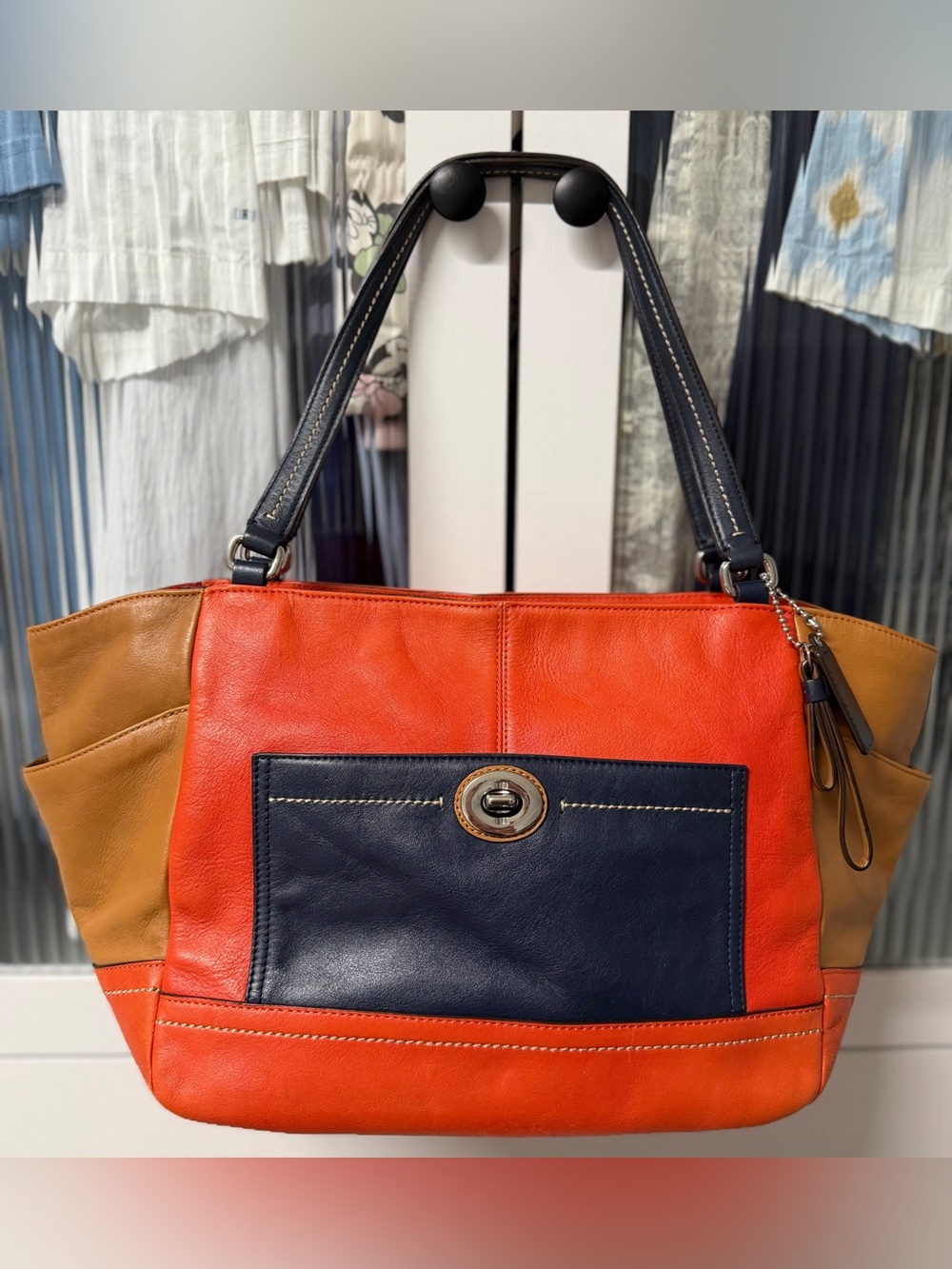 Coach Leather Colorblock Tote Bag in Orange, Navy & Tan